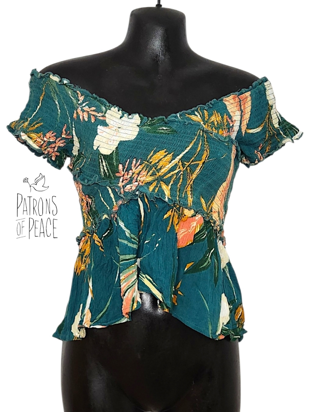 Patrons of Peace - Teal Floral Off-Shoulder Peplum Crop Top